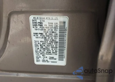 2009 Nissan Murano S z USA, uszkodzony, nr VIN JN8AZ18U69W011798